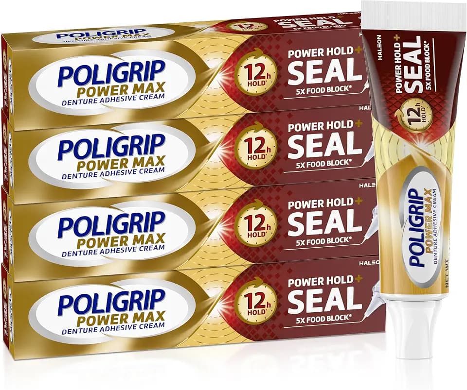 Poligrip Power Max Hold Plus Seal Denture Adhesive Cream, Secure Fit and Food Protection, No Flavor, 2.2 Oz, 4 Count