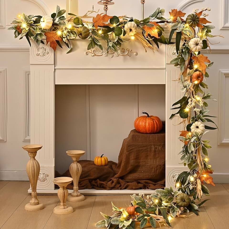 9 FT Fall Garland with Lights, Extra Long Fall Garland for Mantel
