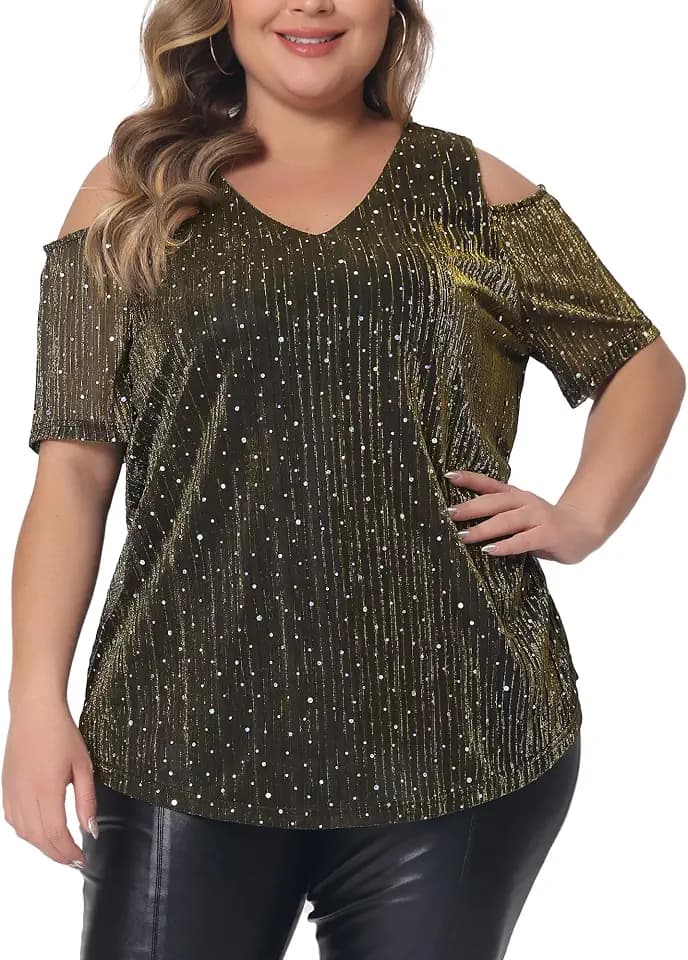 Agnes Orinda Plus Size Tops for Women Glitter Sequin Cold Shoulder Short Sleeve Party Basic Blouses Tops