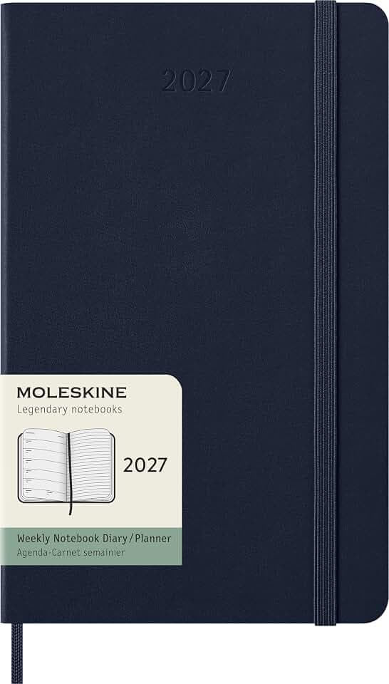 Moleskine Wochenkalender 2027, 12-Monats-Planer mit Platz für Notizen, Hardcover, Elastischer Verschluss, Format Large 13x21 Cm, Farbe Saphirblau