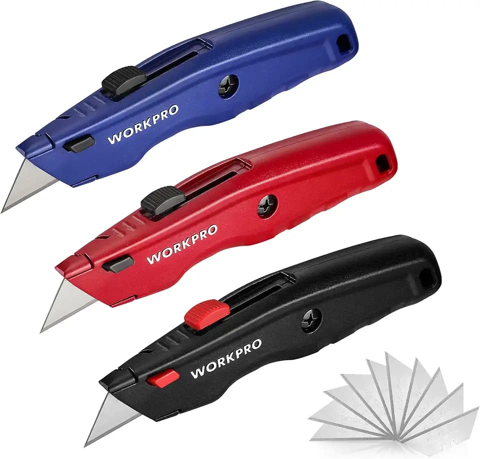 WORKPRO Premium Teppichmesser-Set, Einziehbares Universalmesser mit Robustem Metallgehäuse, Schnellwechselklinge, 10 Ersatzklingen, 3er-Set (Schwarz, Rot, Blau)