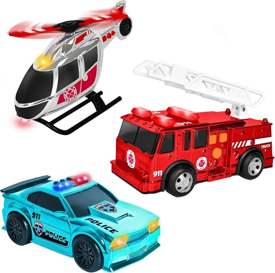 Maxx Action Chrome Rescue Vehicles 3 Pack – Firetruck, Police Car & Helicopter with Lights, Sounds & Pull-Back Action - Toys for Kids Ages 3+