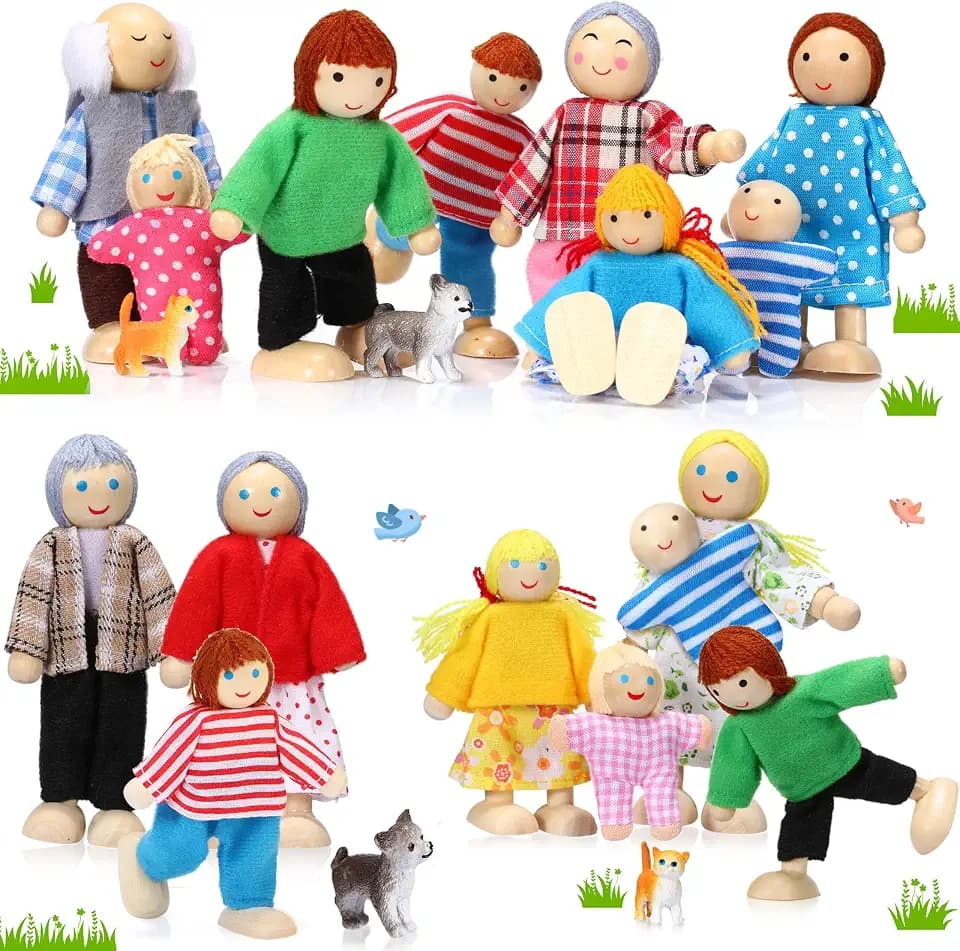 20 Pcs Wooden Dollhouse Family Set 16 Mini People Figures 4 Pets,Vivid