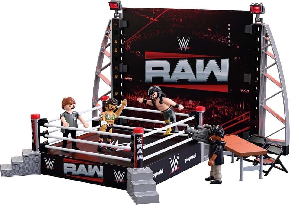 PLAYMOBIL | WWE® | RAW Ring Collectors Set | Wrestling‑Ring mit cm Punk, Seth Rollins, Ringrichter, Kameramann & Zubehör | Für Fans ab 5 Jahren | 71956