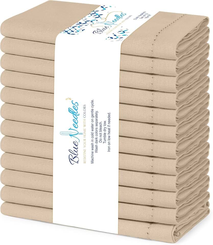 Blue Needles Hemstitch Linen Cloth Napkins Cotton Set of 12-18x18 Inches