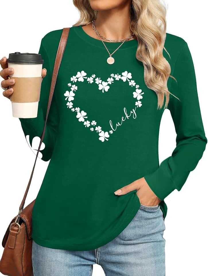 hohololo St. Patrick's Day T-Shirt Lucky Irish Shirt für Frauen Lustiges Kleeblatt Langarm Tops
