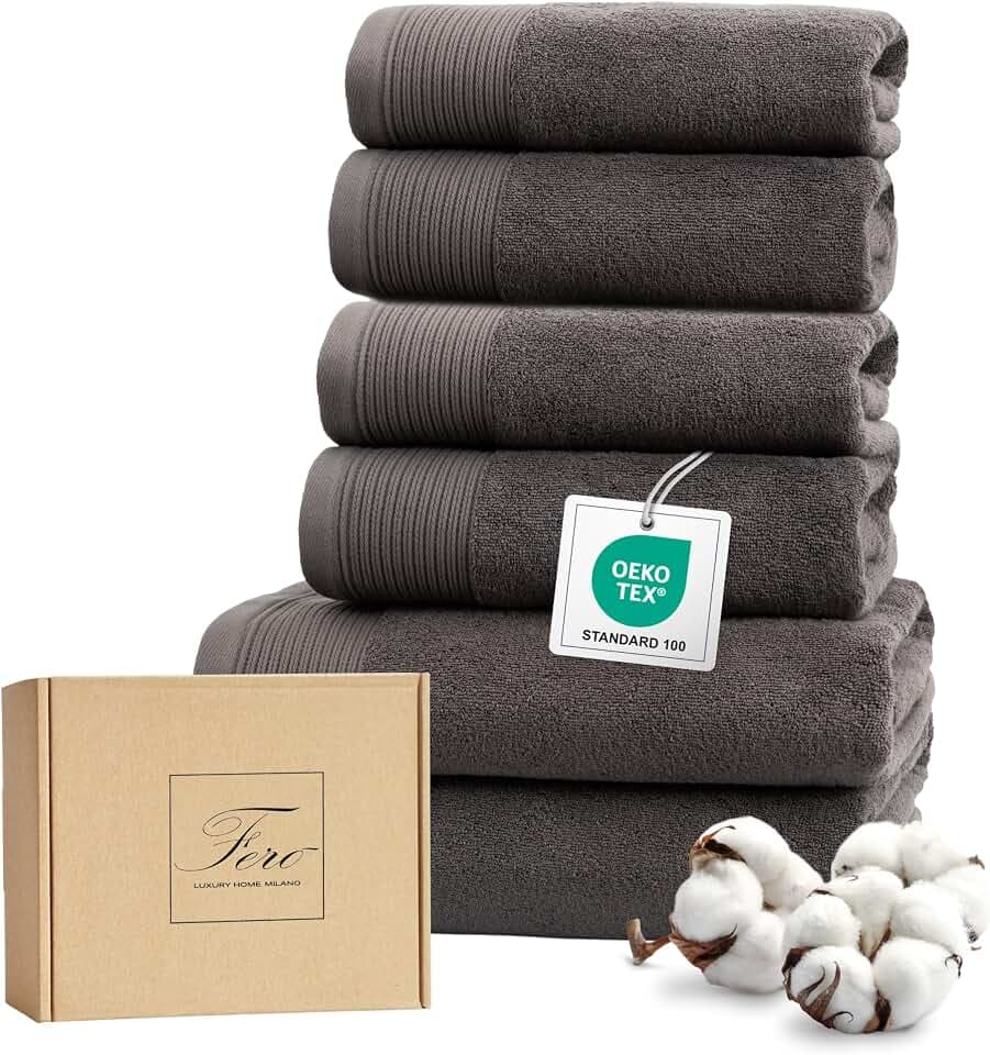Ferò Luxus Handtücher Set, 6-teilig, 100% Baumwolle Low Twist 550 g/m², Ultra Weich und Saugstark, Oeko-TEX, Italienisches Design, Bath Towels, 4 Handtücher 50x100cm, 2 Badetuch 70x140cm, Grau
