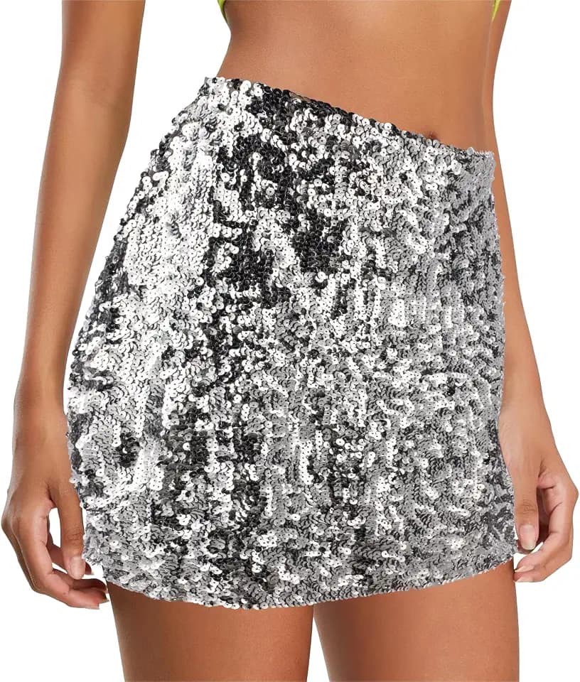 Silberner Pailletten Rock Damen Sexy Glitzer Minirock