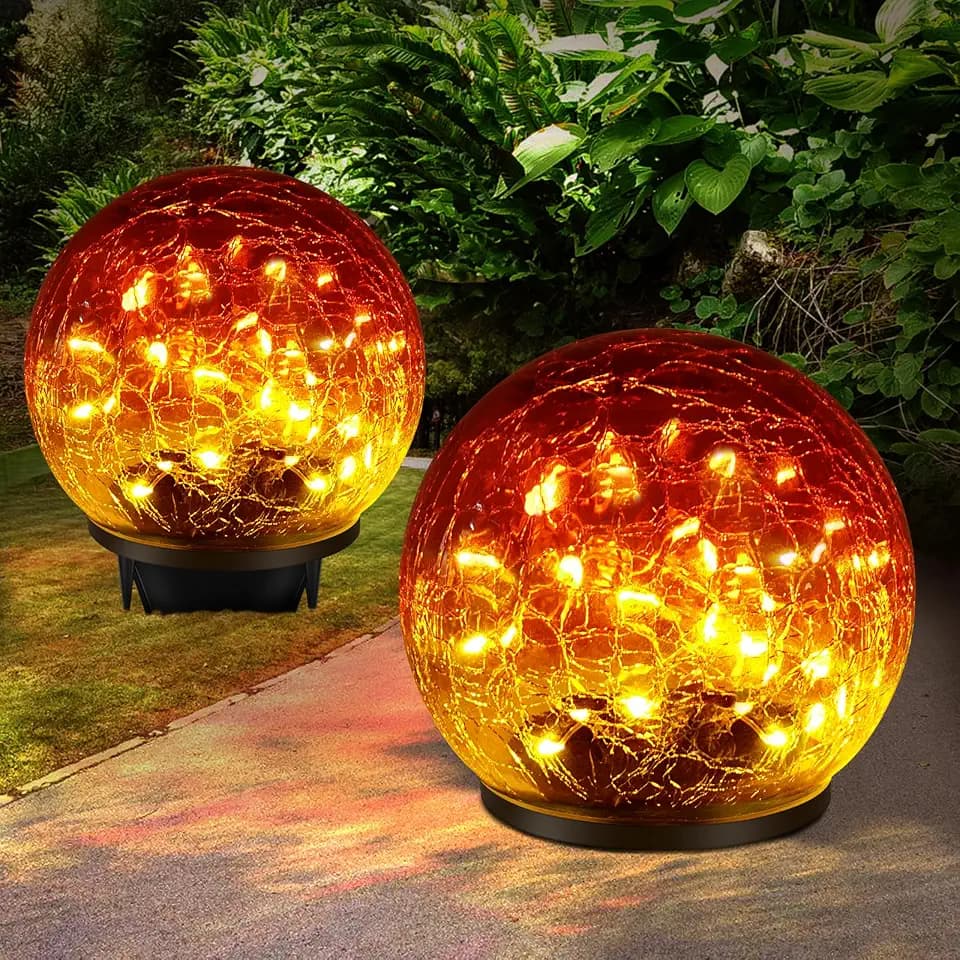 2 Pack Garden Solar Lights Outdoor Decorative, 60 LED Gradient red Cracked Glass Solar Globe Lights, Upgraded Waterproof Ball Lights for Yard Pathway Patio Christmas Outside Decor, 4.73"