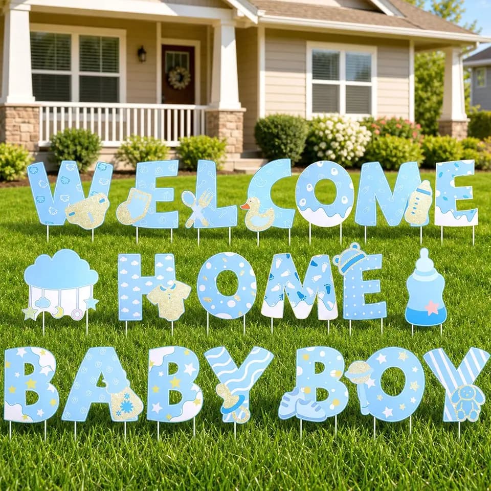 20 Pcs Welcome Home Baby Boy Yard Sign Letters, Welcome Home Yard Signs with Stakes, Newborn Announcement for Baby Shower Gender Reveal Party Decorations Outdoor Lawn Garden Decor