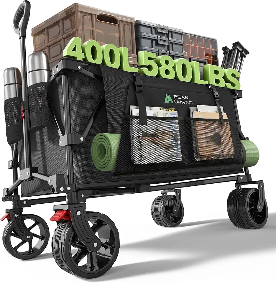 400L Folding Wagon Cart with Brakes & Removable Table, 580lbs Heavy Duty Collapsible Wagon, Big All-Terrain Wheels for Camping, Sports, Grocery, Outdoor - Black
