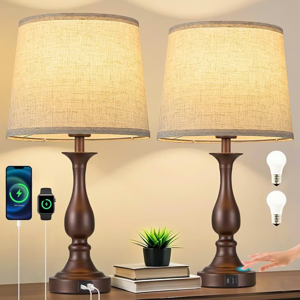 Bedside Table Lamp Touch Control Bedroom Lamps with USB A + C Charging Port 3 Way Dimmable Touch Lamps for Nightstand Living Room Bedroom Dorm Home Office Reading, Set of 2 (Beige Shade & Brown Base)
