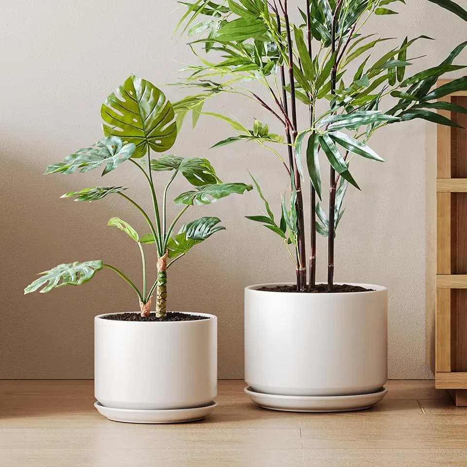LE TAUCI 10 + 12 Inch Ceramic Plant Pots, Set of 2, White