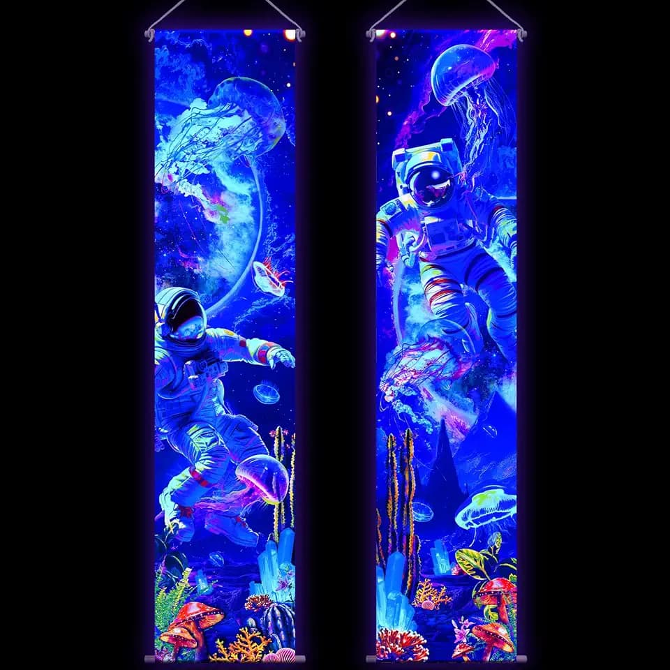 Tiamon 2 Pieces Halloween Black Light Tapestry Art Wall Decor, Astronaut