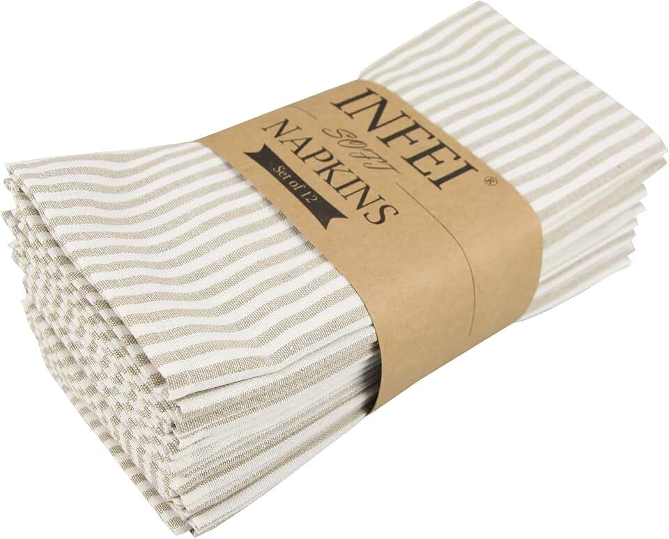Weich Einfach Gestreift Baumwoll-Leinen gemischt Abendessen Cloth Servietten, 12 Stück (40 x 30 cm), für Veranstaltungen und den Heimgebrauch (Beige)