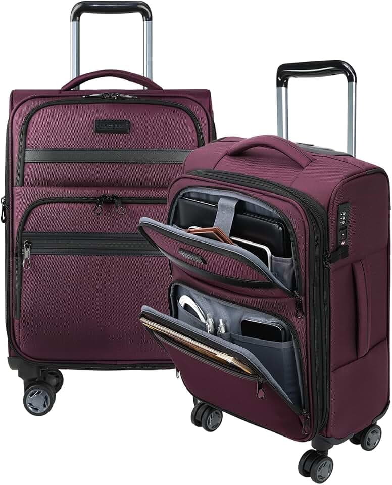 KROSER Softside Expandable Carry On Luggage with Front Business Pockets，20 Inch Suitcases with Spinner Wheels & Built-in TSA Lock, Durable Suitcase Rolling Luggage with USB Port, Burgundy