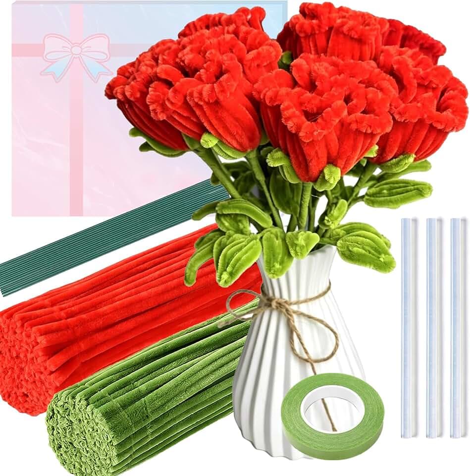 Pipe Cleaners Craft Flowers Kit, DIY Flower Making Kit for Green and Red Rose Bouquet, Colorful Fluffy Chenille Sticks, Arts and Crafts Supplies for Adults, Fuzzy Wire for Handmade Flower Crafts