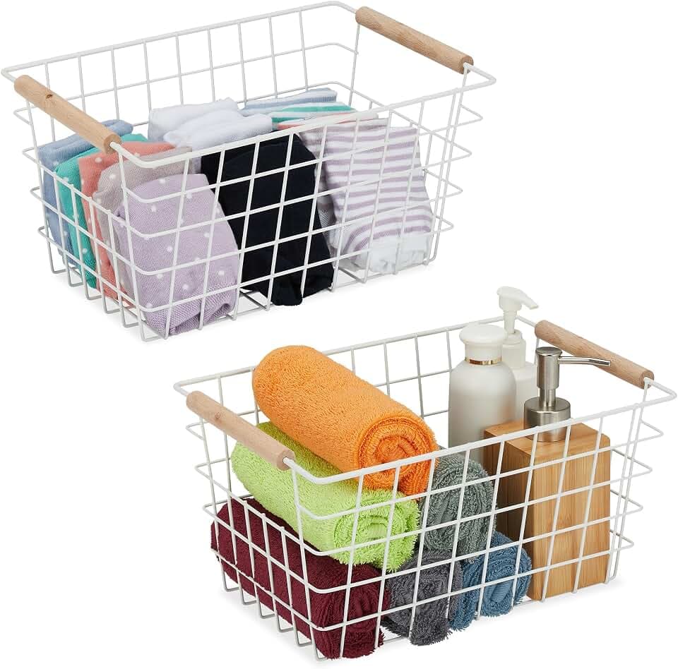 Relaxdays Drahtkorb, 2er Set, Metall, Holzgriffe, HBT: 16 x 31 x 21 cm, eckiger Aufbewahrungskorb, Bad & Küche, Farbwahl