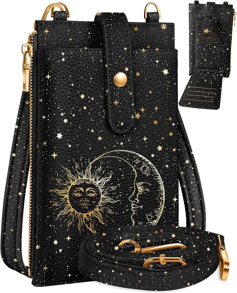 Miss Adola Handytasche Crossbody für Frauen – Leder Handytaschen Schwarz Sonne Mond Damen Handy Geldbörse Tasche mit Schultergurt Niedlich Designer Ästhetik Handy Geldbörse