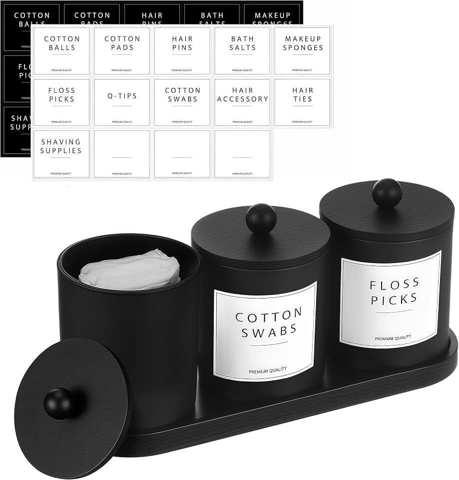 BIKALAN Glas Wattestäbchen Behälter, Schminktisch Badezimmer Organizer Set mit Tablett, Wattepadspender Make up Organizer für Wattestäbchen, Wattepads (Schwarz-3er)