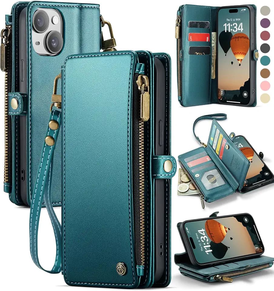 Defencase for iPhone 15 Plus Wallet Case with RFID Card Holder, Blue Green