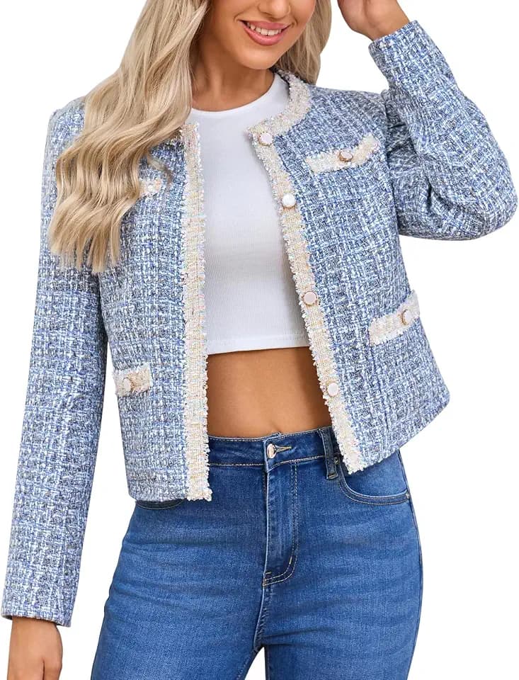 Xaspee Women's Tweed Blazers Cropped Long Sleeve Collarless Plaid Jacket