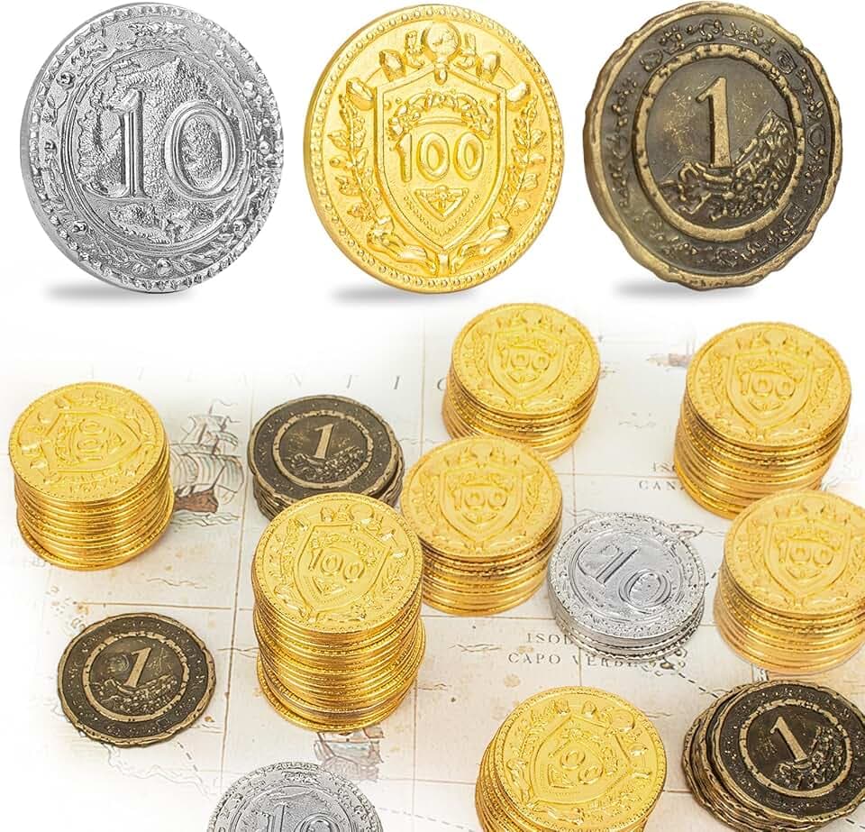 Byhoo 50 PCS Metall Münzen für DND, 1,2“ Gold Silber Kupfer Token mit Nennwert für Brettspiel und Tabletop RPG, Fantasy Metallmünzen für Piraten Spiel Party Cosplay