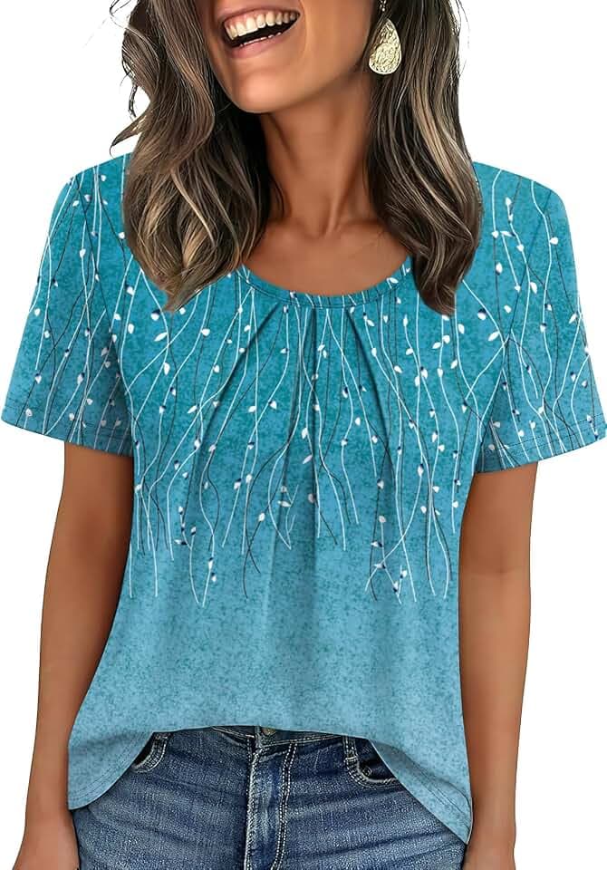 WIHOLL Women T Shirts Pleated Short Sleeve Tops Business Casual Blouses