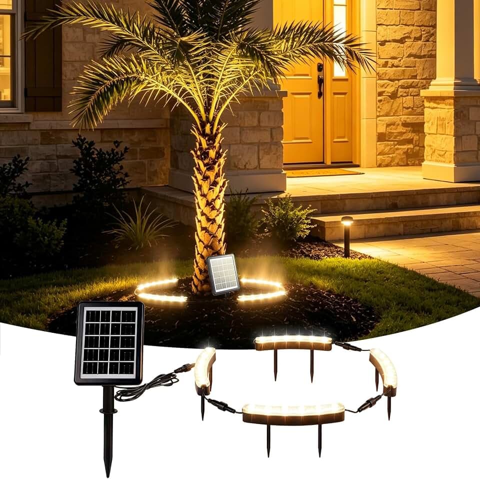 FORUP Solar Tree Lights Warm White 3000K, 360° Ring Uplight, Ground Stake, 3 Dimming, Auto On/Off, IP44 Waterproof, Solar Landscape Light, Adjustable Inner Diameter for Garden Palm Patio Decor