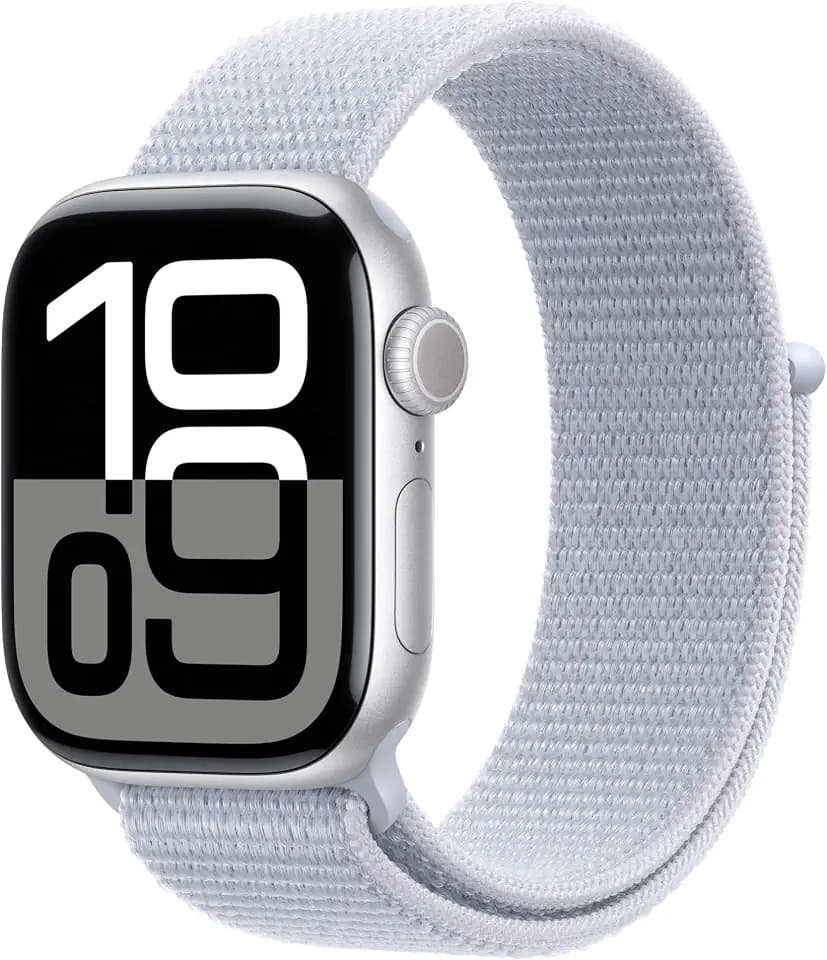 Apple Watch Series 10 [GPS 42mm case] Smartwatch with Silver Aluminum Case with Blue Cloud Sport Loop. Fitness Tracker, ECG App, Always-On Retina Display, Carbon Neutral