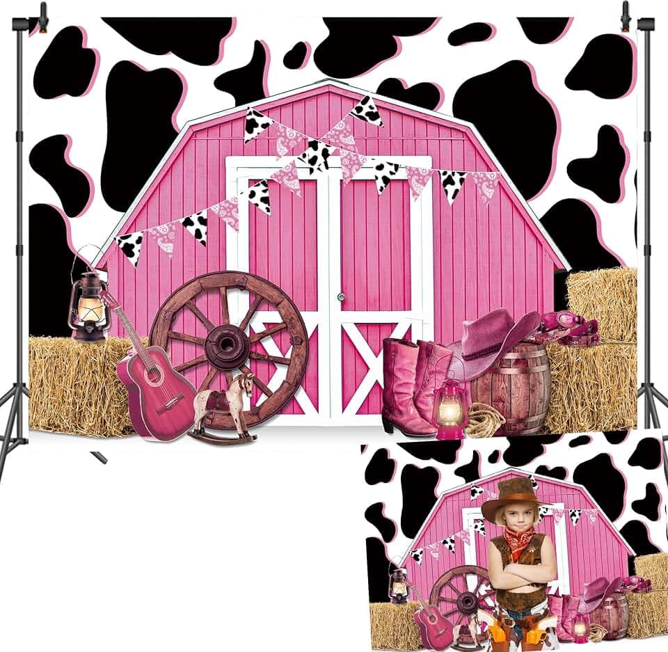8x6ft Pink Barn Door Western Cowgirl Backdrop Cow Print Straw Barn Door Wood Background Western Country Farm Cow Girl Women Birthday Party Photo Booth Prop