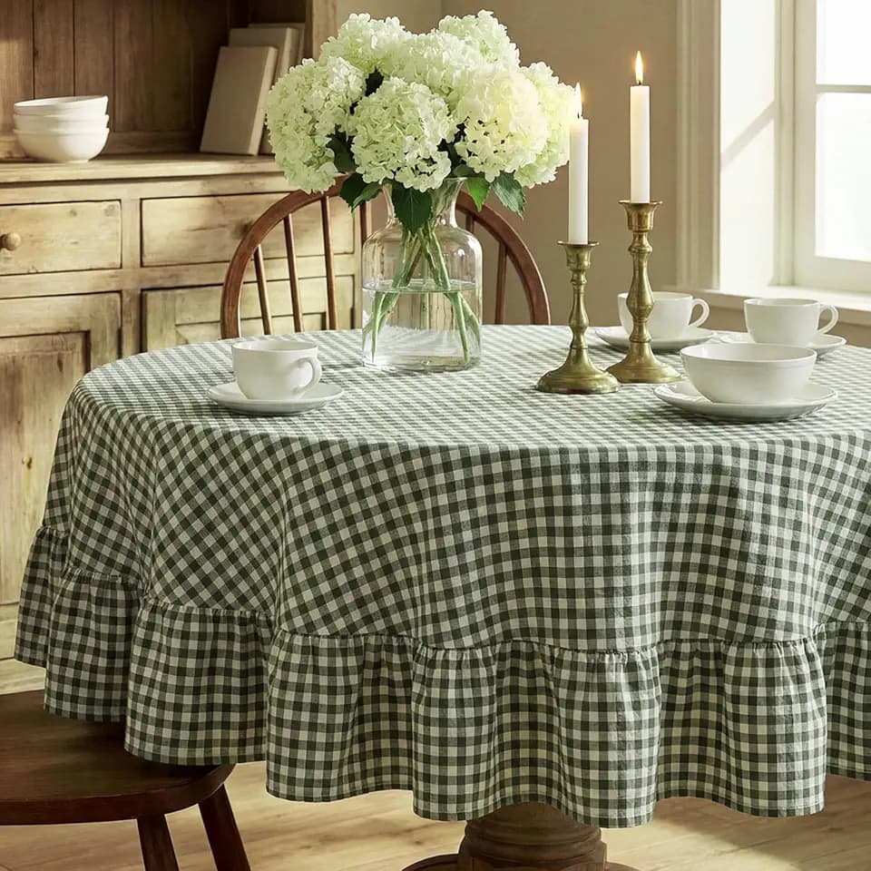 Mindsoft Green Gingham Ruffled Tablecloth, 70 x 70 Inches, Round