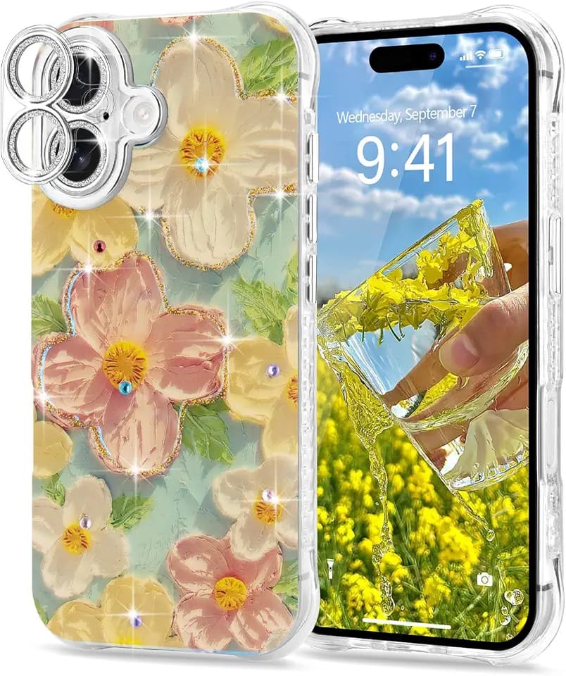 Lafunda for iPhone 16 Plus Case Flower Floral for Women Girls, Green Yellow