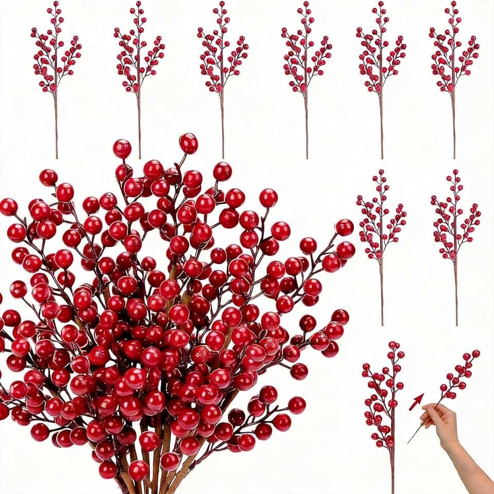 MACTING 8 Stück Große Zweige/32 Stück Rot Stechpalmenbeerenstiel-Ornamente