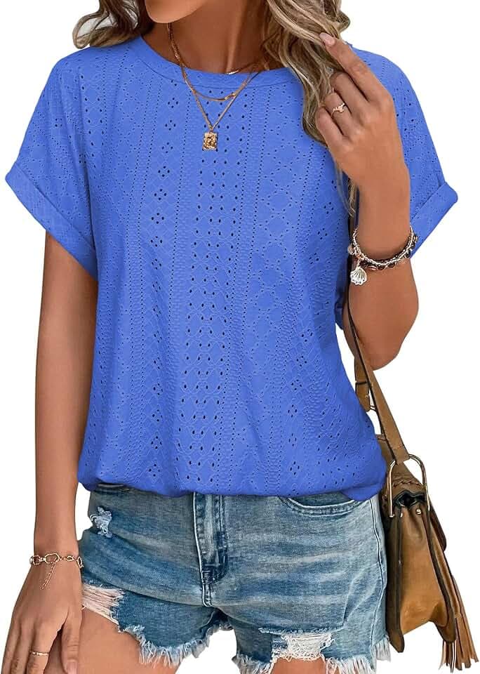 Bodhi talk Damen Bluse Sommer Fein Kurzarm Atmungsaktiv Loch Locker Rundhals Leicht Casual Oberteil Blau M