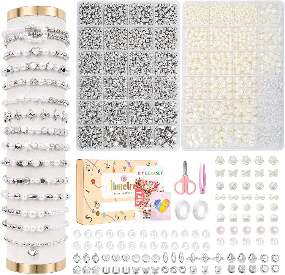 Selber Machen Beads Set für Kinder & Erwachsene,Silber&Weiß Perlen für Armbänder,Geschenkidee für Geburtstag & Weihnachten – DIY Geschenk für Mädchen & Muttertag, Hochzeit, Party, Basteln