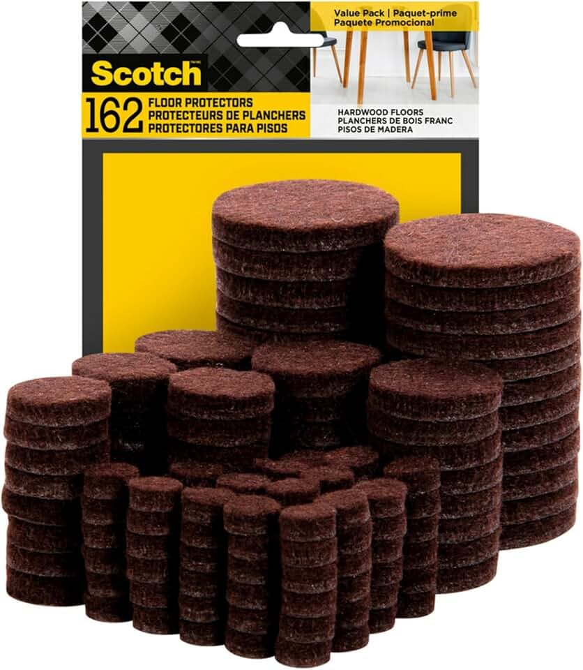 Scotch Felt Pads 162 PCS Brown, Felt Furniture Pads for Protecting Hardwood Floors, Round, Assorted Sizes Value Pack, Self-Stick design, Protecting from nicks, dents and scratches (SP847-NA)