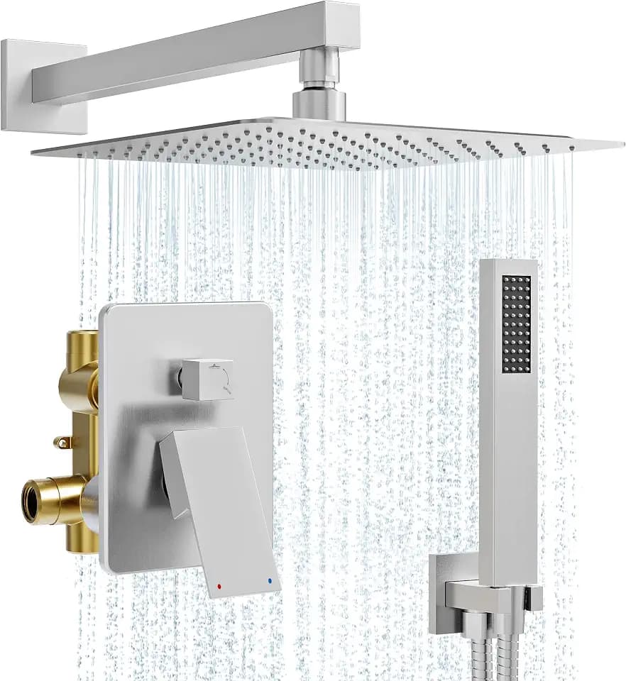 Kurpot Shower System, 10'' Brushed Nickel Shower Head with Handheld Spray