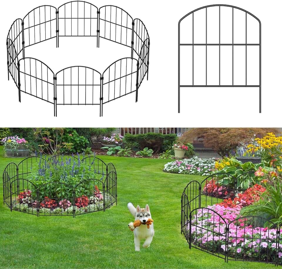 LIANTRAL 28 Stück Tierbarriere Zaun, Dekorativer Gartenzaun Steckzaun 41 cm x 9 m, Gewölbtes Design, Rostfrei Metall, Kein Graben erforderlich, Zaun für Hunde & Kaninchen, Garten, Terrasse, Hof