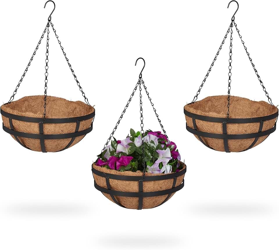 Relaxdays Blumenampel 3er Set, Kokoseinlage, HxD: 50x31 cm, Hängepflanzen, innen & außen, Metallgestell, braun/schwarz