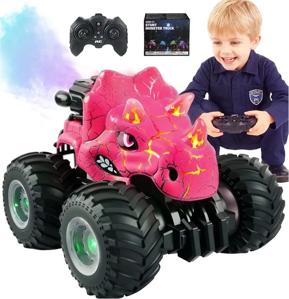 BEZGAR 1:18 Scale Monster Truck Toys, 4WD RC Cars with Music, Mist Spray & LED Light, 360° Stunt Spins RC Truck Dinosaur Toys, Remote Control Car for Boys 4-7(Pink)