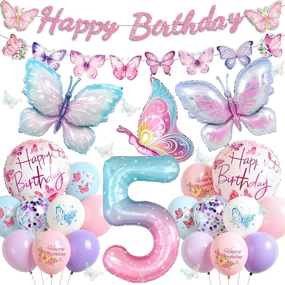 Schmetterling Deko Geburtstag 5 Jahre Mädchen - 46 Stück Geburtstagsdeko Luftballons Girlande und Folienballon, Rosa Schmetterlinge Ballons für 5. Kindergeburtstag Dekoration
