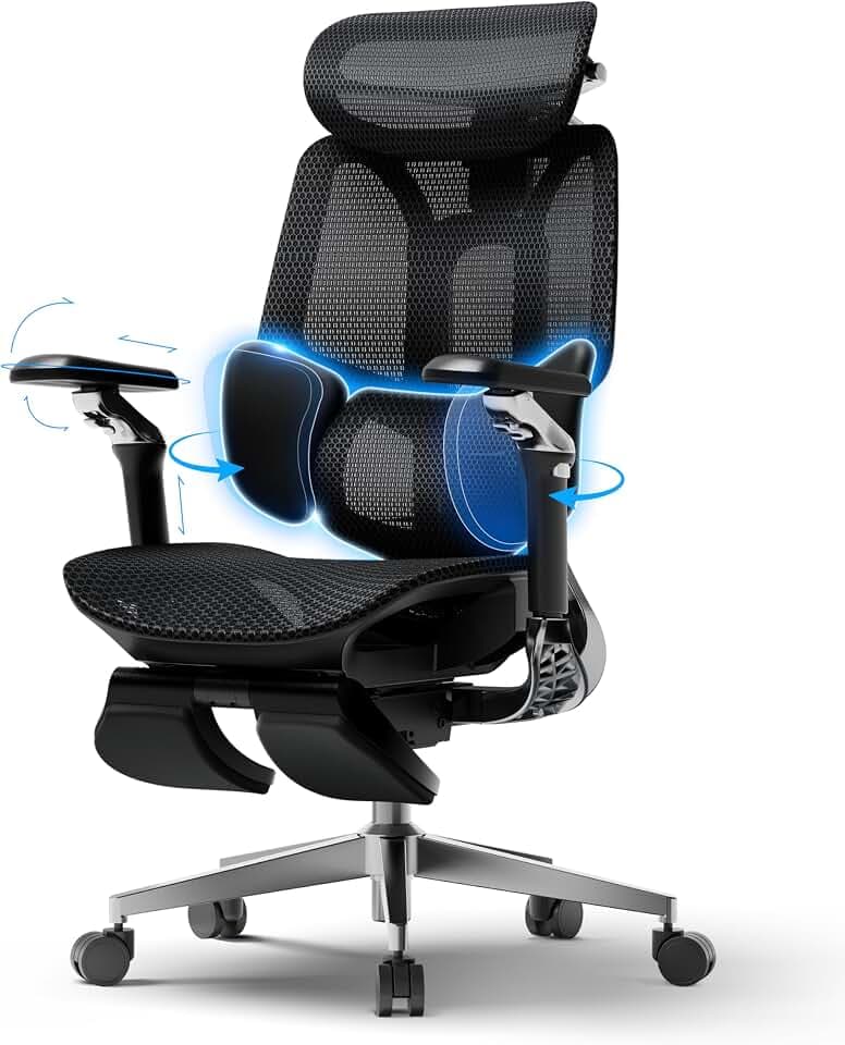 Hbada E3 Pro Edition 2026 Ergonomischer Bürostuhl, Netzstuhl mit Schwebender 3-Zonen-Lendenwirbelstütze, 4D-Kopfstütze, 720°-Armlehnen,Schwarz mit Fußstütze