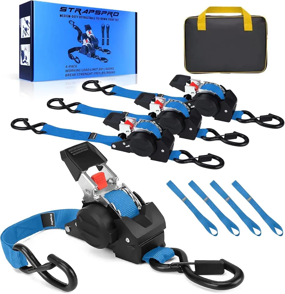 Retractable Ratchet Straps, 1763lb Break Strength Blue Self Retracting Ratchet Straps Heavy Duty with Soft Loops, 1'' x 10FT Auto Tie Down Straps Easy Retract for Motorcycle, Truck, Cargo, 4 Pack