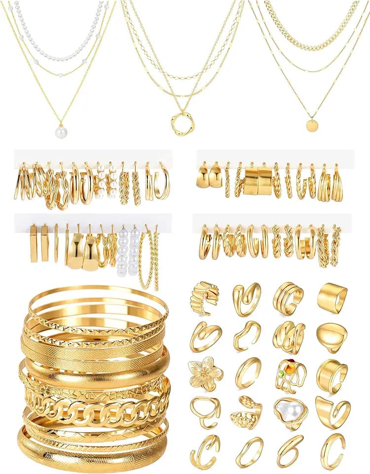 83 Pcs Gold Jewelry Set for Women Fashion Multi Layered Necklaces Stackable Bangle Bracelets Knuckle Rings Hoop Earrings Gold Plated Jewelry Accessories