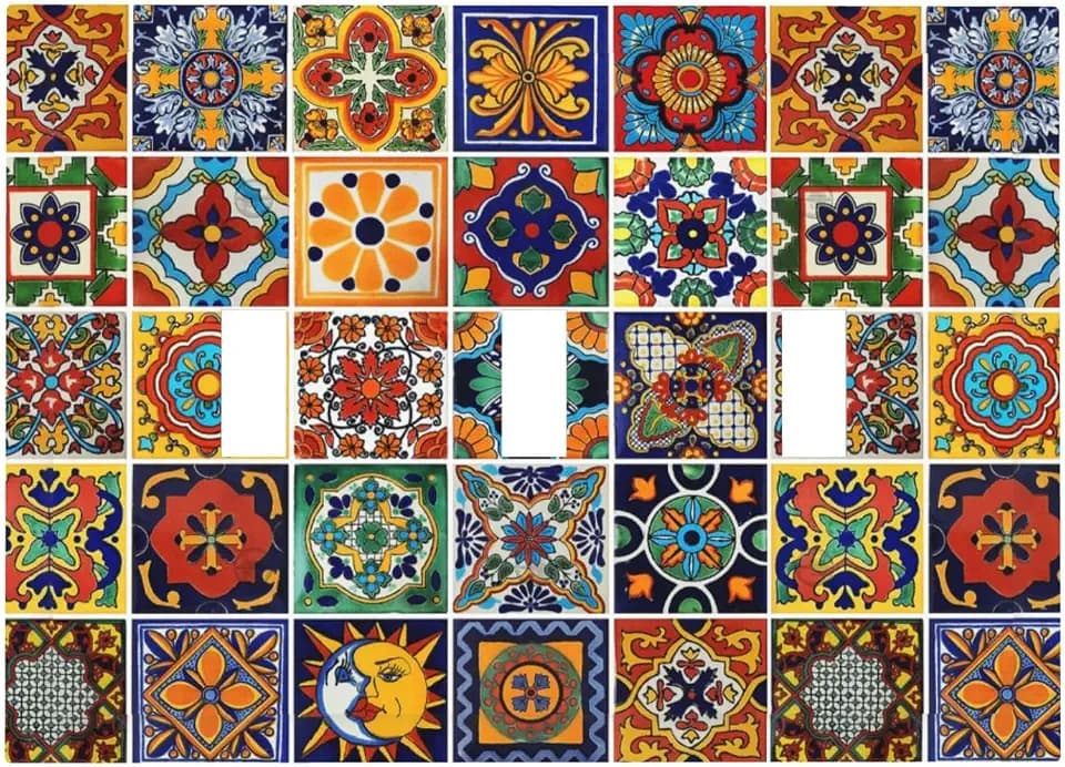Moroccan Talavera Tile 3 Gang Light Switch Covers Decorative Triple Toggle Wall Plate Mexican Style Pattern 3 Hole Electrical Device Switchplate Dimmer Faceplate for Country Bathroom Decor