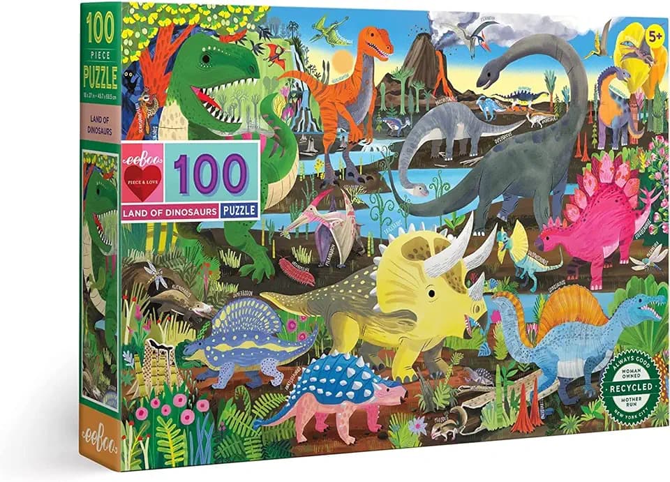 eeBoo 100 Piece Puzzle for Kids - Land of Dinosaurs Children's Puzzle Prehistoric, Large Pieces for Small Hands to Develop Motor Skills