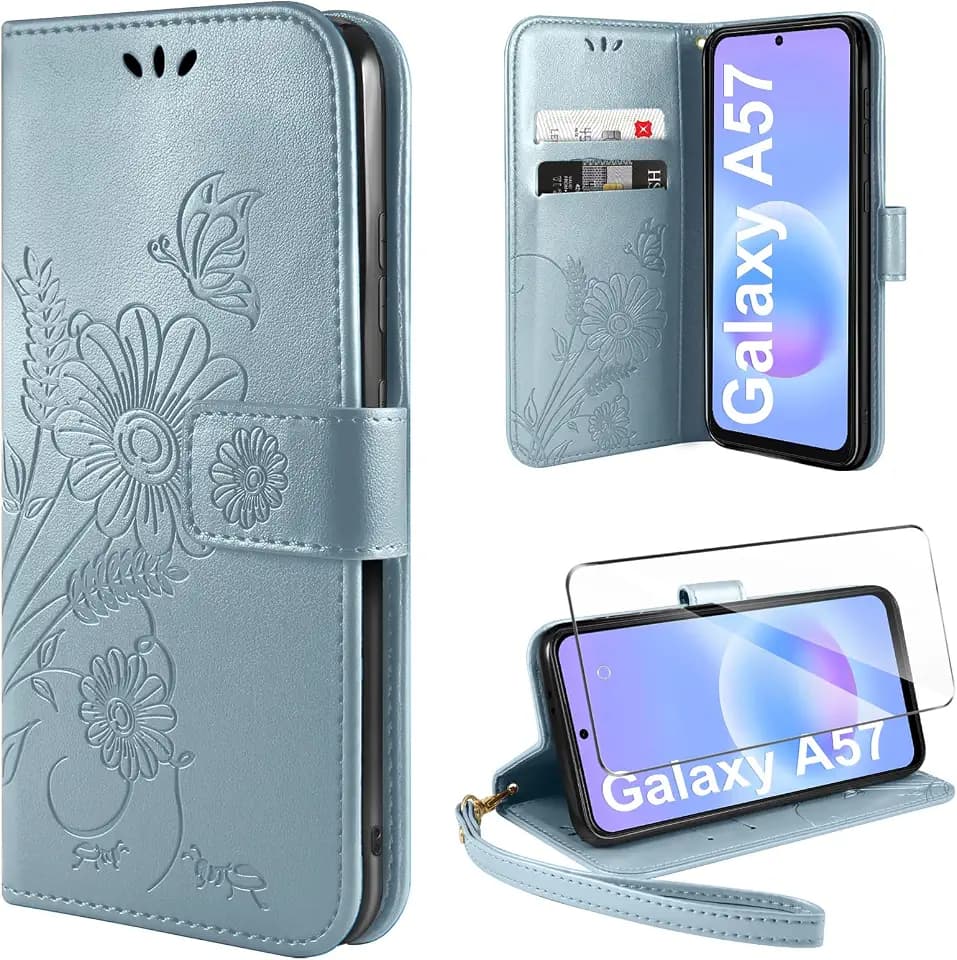 ivencase Handyhülle für Samsung Galaxy A57 5G Hülle mit Schutzfolie, Premium PU Flip Lederhülle Tasche Case Magnetknopf Kartenfach Schutzhülle für Samsung A57 5G - Nebelblau