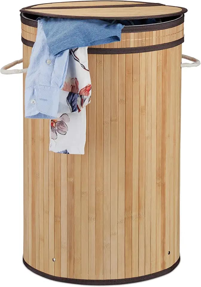 Relaxdays Wäschekorb Bambus, runder Wäschesammler mit Klappdeckel, 65 l, faltbare Wäschetonne, rund Ø 40 cm, Farbwahl