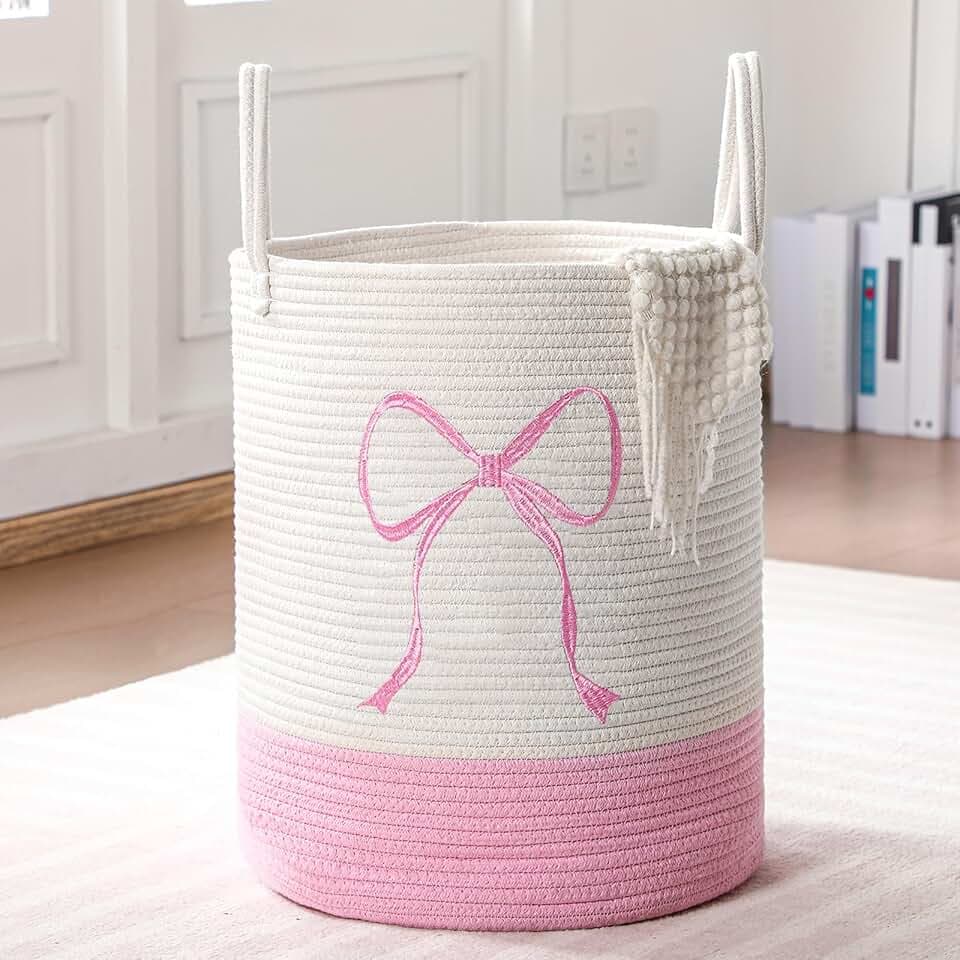 Honeydak Pink Laundry Basket Coquette Bow Hamper 15 x 17.7 Inches